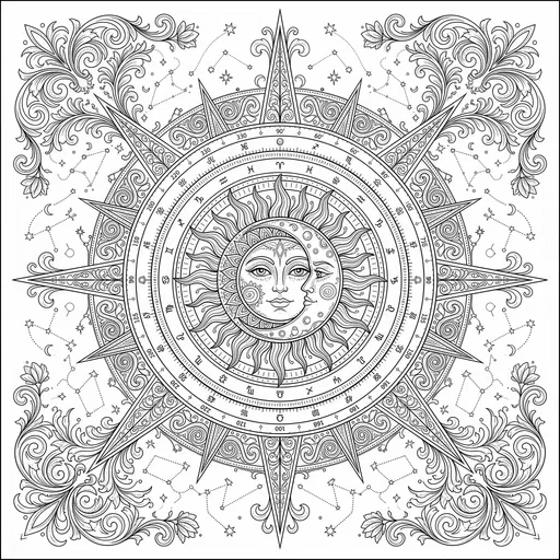 Celestial Sun and Moon Compass Coloring Page