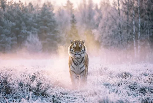 Siberian Tiger in Frosty Sunrise Meadow