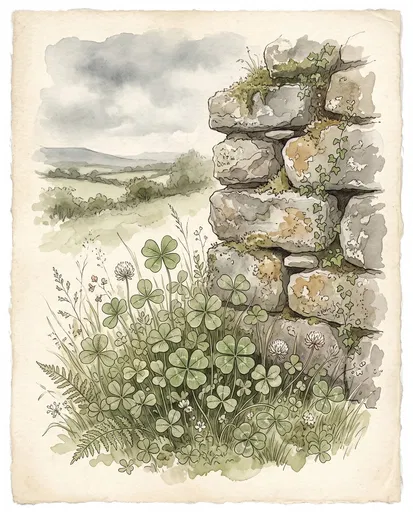Watercolor Clover Patch Beside Stone Wall