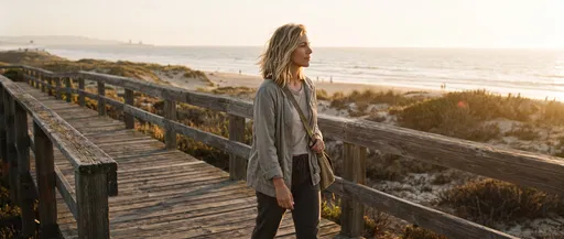 Woman Walking on Coastal Boardwalk at Sunset