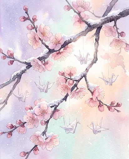 Watercolor Plum Blossoms and Origami Cranes