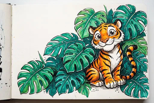 Cartoon Tiger in Monstera Leaves Sketch