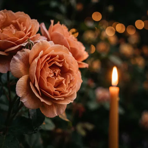Peach Garden Roses With Lit Candle