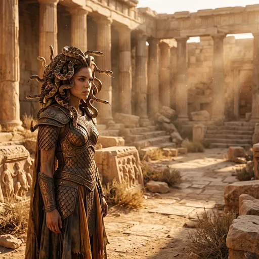 Medusa in Sunlit Ancient Temple Ruins