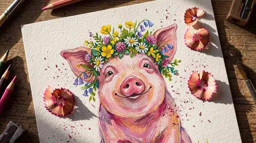 Illustration of Smiling Pig With Flower Crown