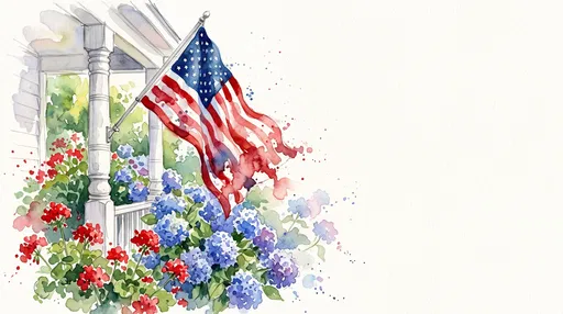 Watercolor American Flag on Porch with Flowers