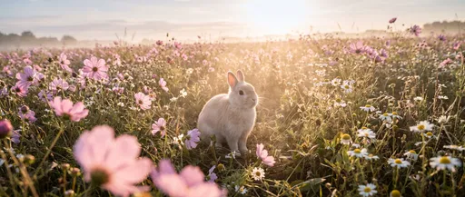 Rabbit in Sunlit Flower Meadow