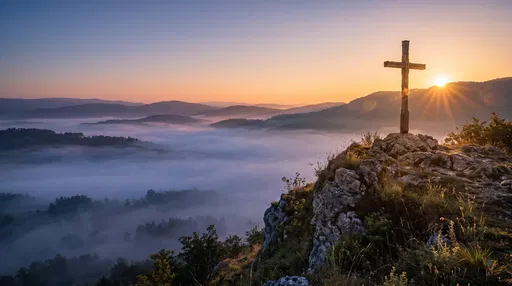 Wooden Cross Over Misty Sunrise Valley