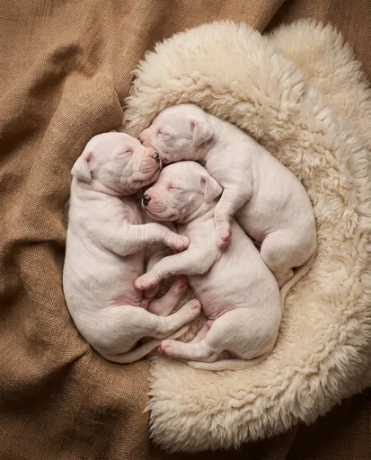 Three White Puppies Sleeping on Sheepskin