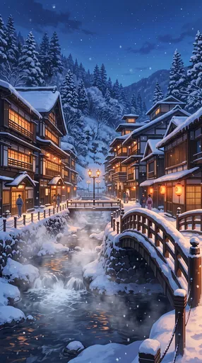 Snowy Anime Hot Spring Town at Twilight