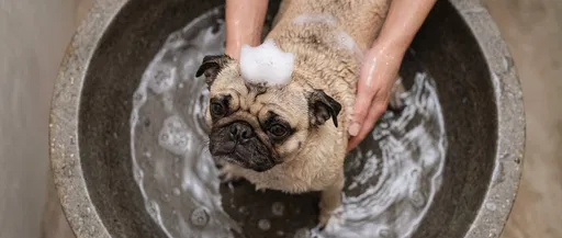 Fawn Pug Getting Bath in Stone Basin