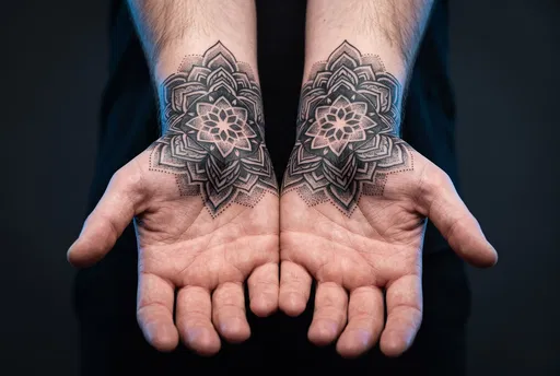 Symmetrical Mandala Wrist Tattoos on Upturned Hands