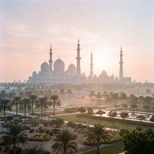 Grand White Mosque at Misty Dawn