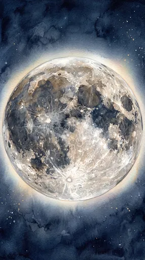 Watercolor Full Moon in Indigo Night Sky