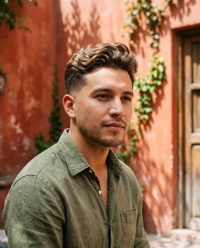 Young Man With Wavy Quiff Hairstyle Outdoors