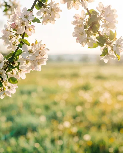 Backlit Apple Blossoms Over Sunny Meadow