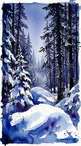 Blue Watercolor Winter Spruce Forest Illustration