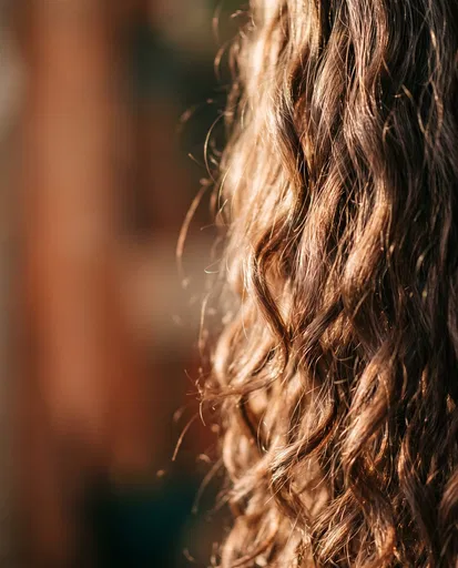 Close-Up of Sunlit Wavy Brown Hair