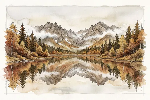 Watercolor Mountain Lake Autumn Reflection