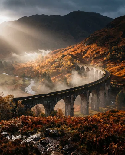 Stone Viaduct in Misty Autumn Valley