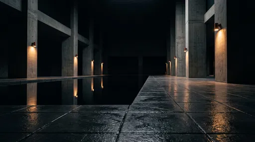 Dark Minimalist Indoor Pool with Concrete Columns