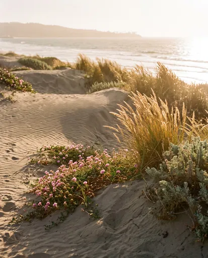 Sunlit Coastal Sand Dunes with Wildflowers