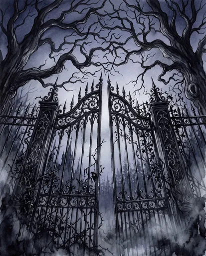 Gothic Wrought-Iron Gates Watercolor Illustration