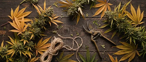 Cannabis Harvest Flat Lay on Wood