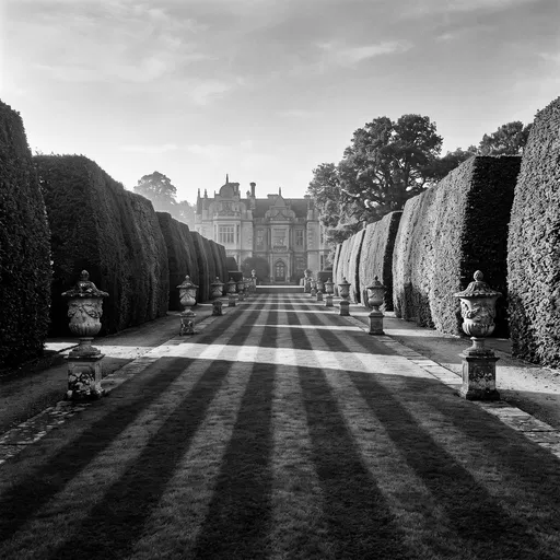Monochrome Historic Estate Garden and Striped Lawn