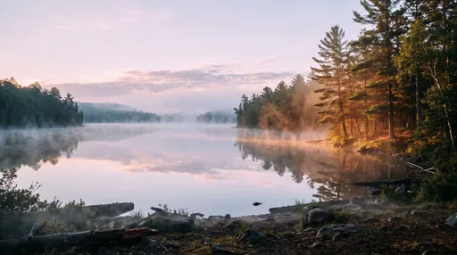 Morning Mist Over Calm Forest Lake