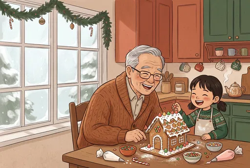 Grandfather and Granddaughter Decorating Gingerbread House