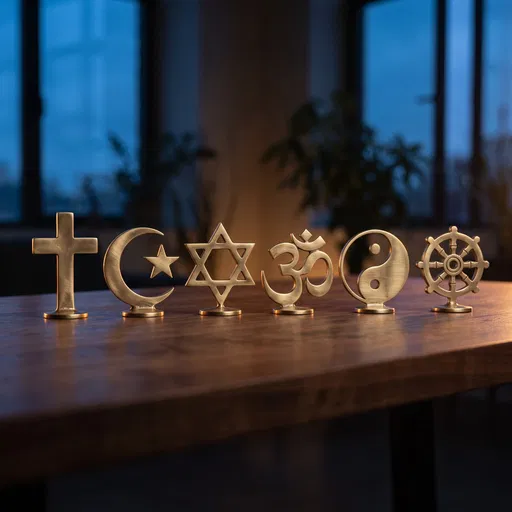 Brushed Brass Religious Symbols on Wooden Table