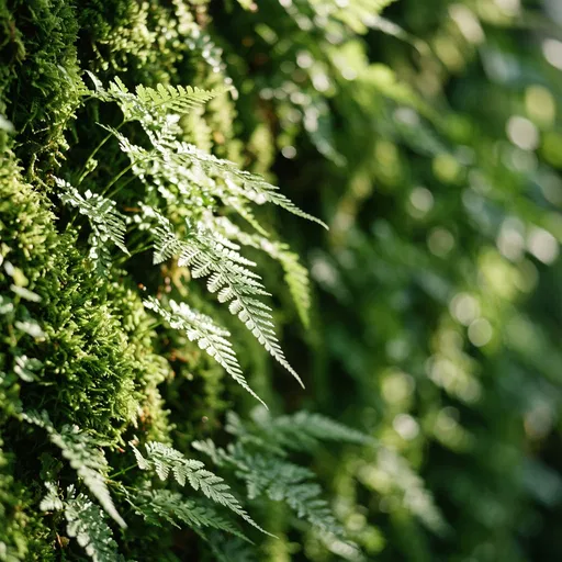Sunlit Fern and Moss Living Wall Close-Up