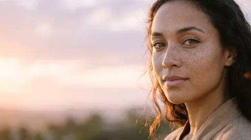 Portrait of Woman with Freckles at Sunset
