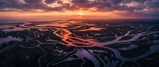 Aerial Panorama of River Delta Sunset