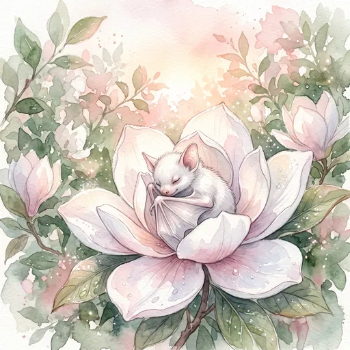 White Bat Sleeping in Magnolia Flower