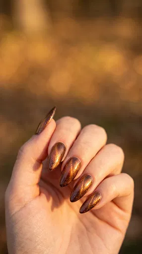 Copper Cat-Eye Autumn Manicure Close-Up