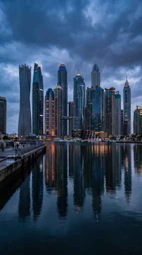 Modern Skyline Reflected in Harbor at Twilight