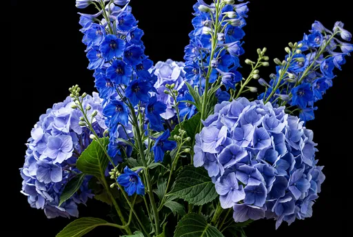 Blue Delphiniums and Hydrangeas on Black