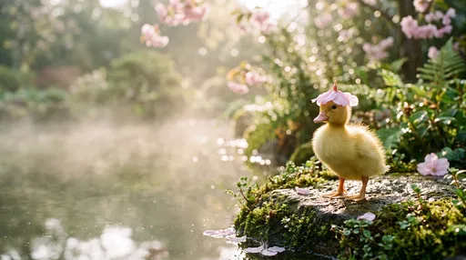 Duckling Wearing Flower Hat by Pond