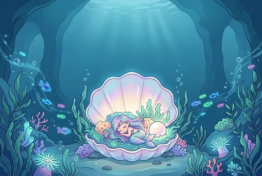 Cute Mermaid Sleeping in Glowing Clamshell