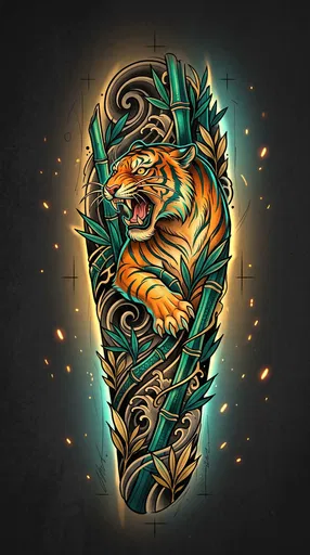 Neo-Traditional Tiger and Bamboo Tattoo Design