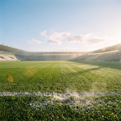 Sunlit Empty Stadium Pitch in Morning
