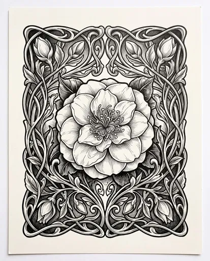 Art Nouveau Camellia Ink Illustration