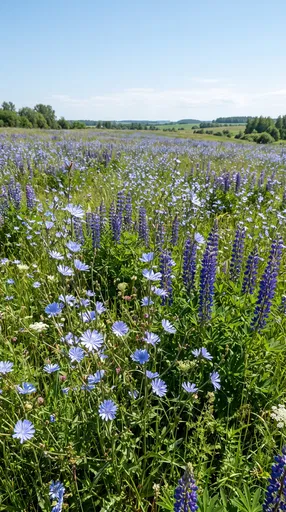 Summer Meadow With Chicory and Lupines