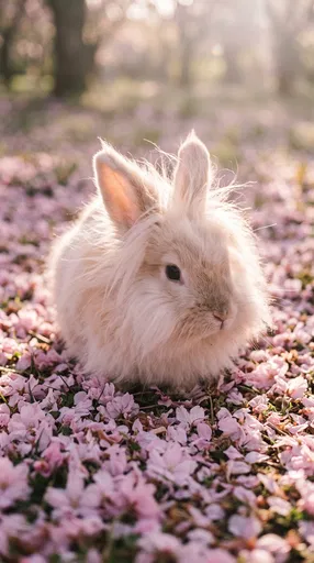 Fluffy Lionhead Rabbit in Cherry Blossoms