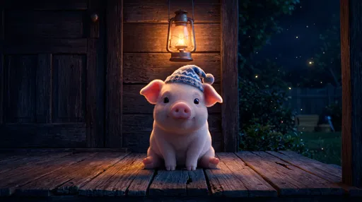 Cute Piglet in Nightcap Under Lantern