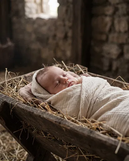 Newborn Baby Sleeping in Wooden Manger