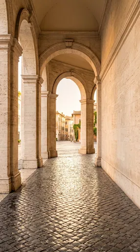 Sunlit Travertine Colonnade with Wet Cobblestones
