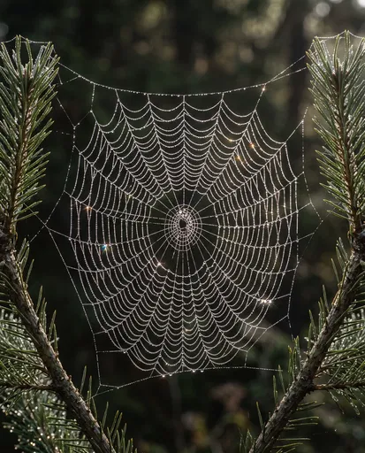 Dew-Covered Spiderweb Between Pine Branches